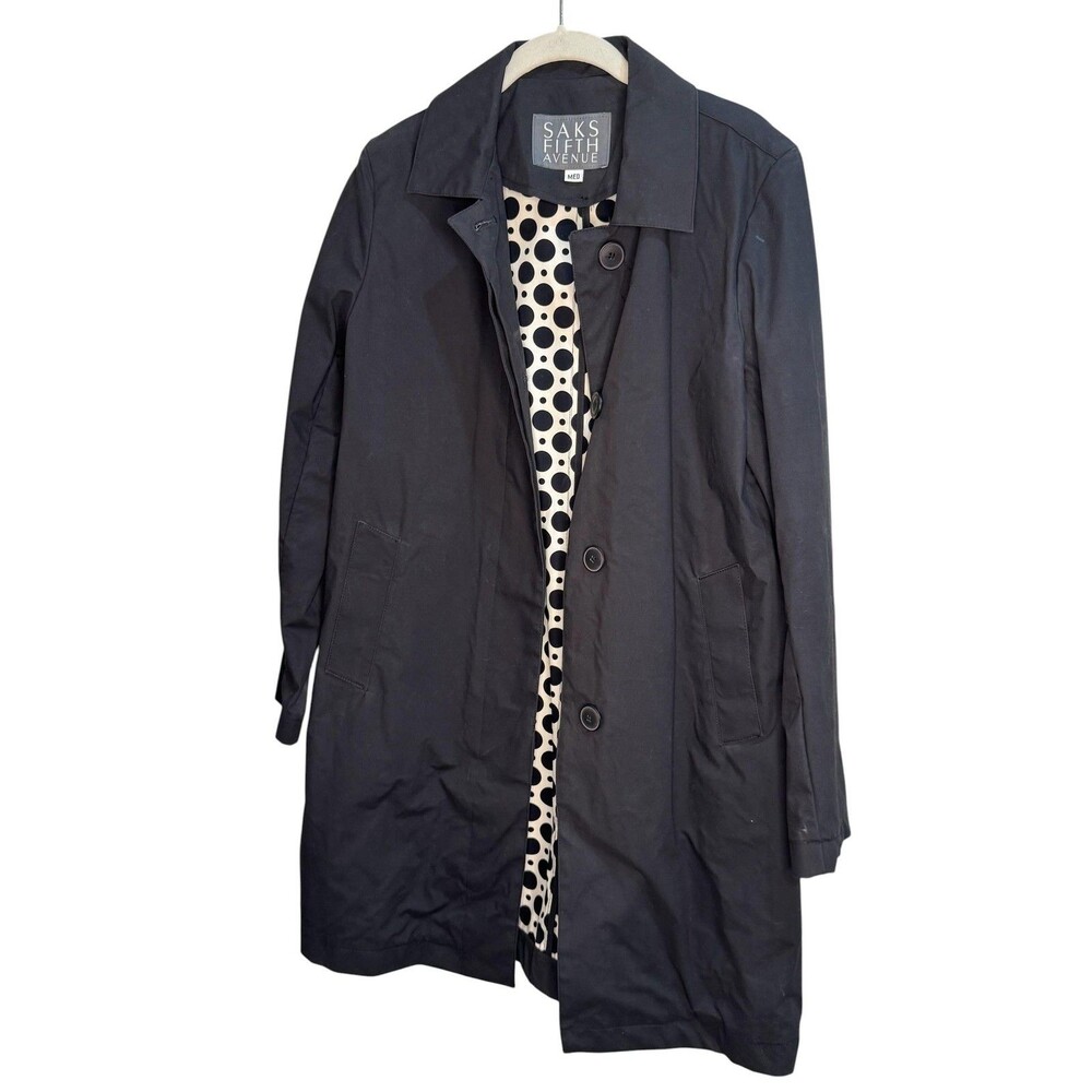 Saks Fifth Avenue Rain Coat Womens Medium Black Mid Length Polka Dot Lined